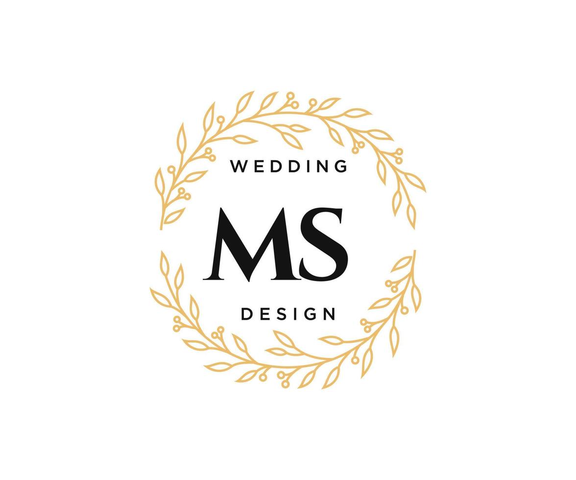 Colección de logotipos de monograma de boda con letras iniciales ms, plantillas florales y minimalistas modernas dibujadas a mano para tarjetas de invitación, guardar la fecha, identidad elegante para restaurante, boutique, café en vector