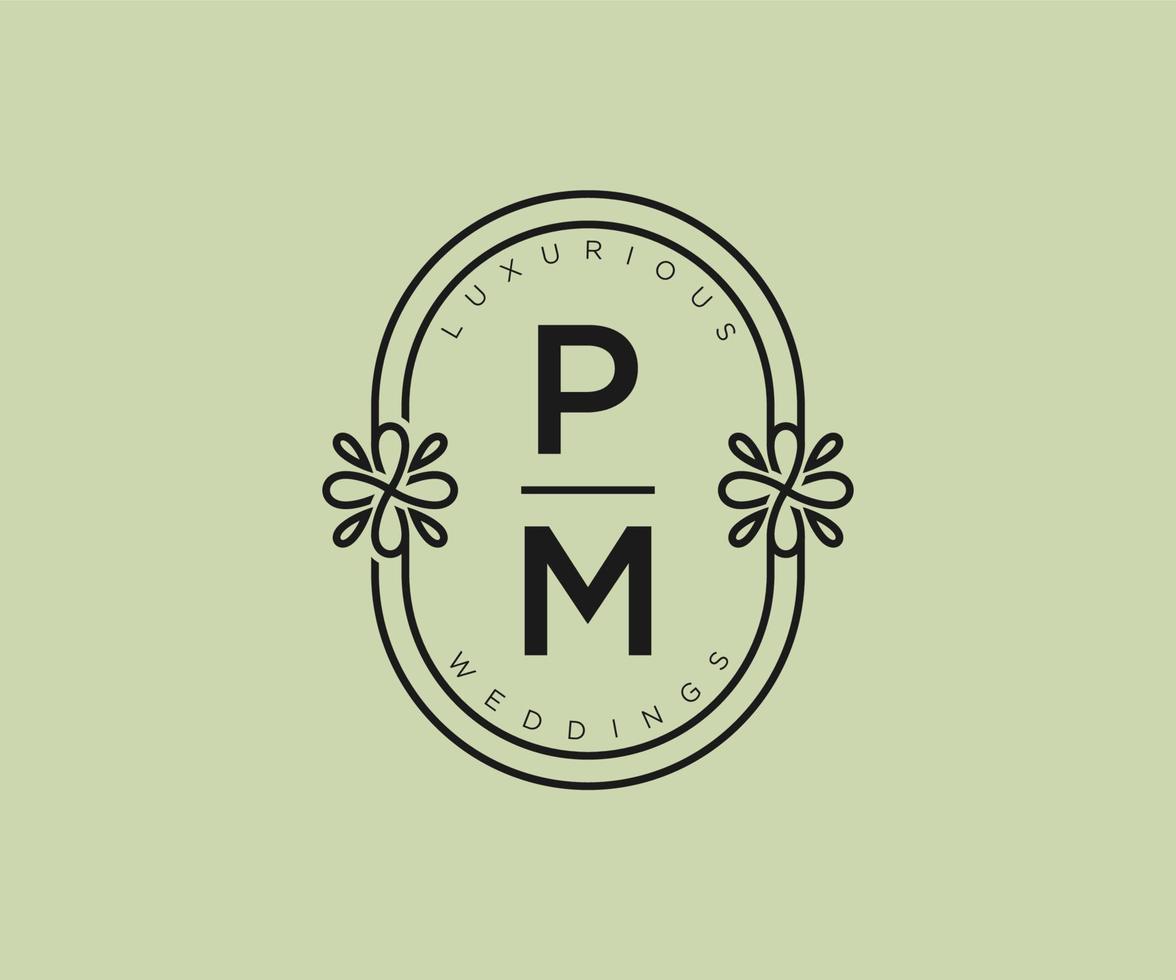 plantilla de logotipos de monograma de boda con letras iniciales pm, plantillas florales y minimalistas modernas dibujadas a mano para tarjetas de invitación, guardar la fecha, identidad elegante. vector