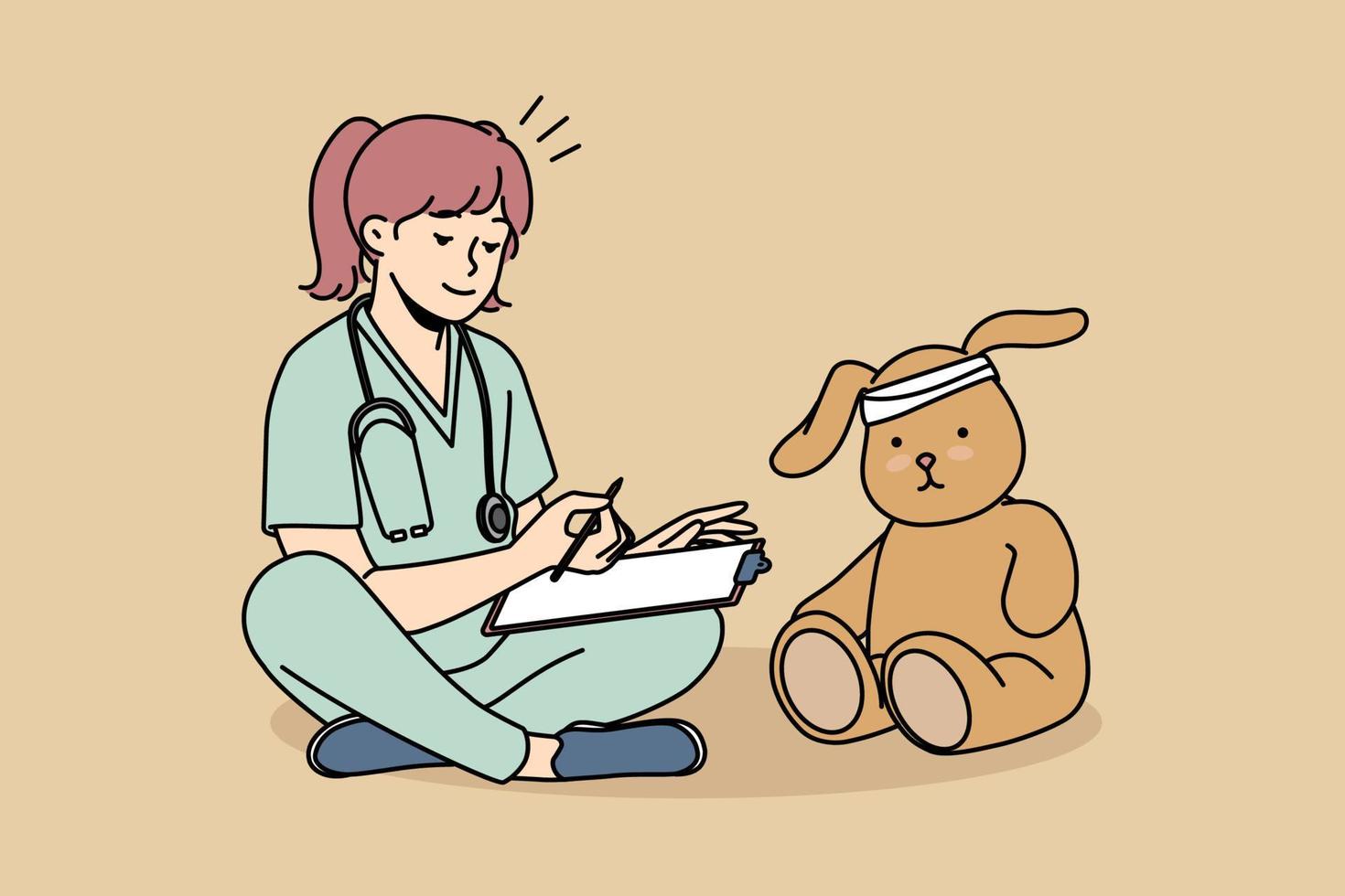 Smiling little girl in medical uniform cure teddy bear. Happy child consult stuffed toy play act as doctor. Future occupation. Vector illustration.