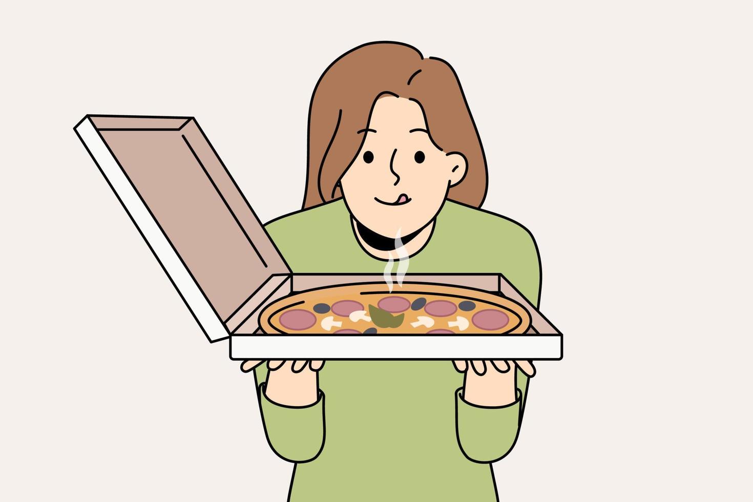 Happy hungry young woman excited about fresh tasty pizza in takeout box. Smiling girl look at delicious Italian fast food in takeaway package. Vector illustration.