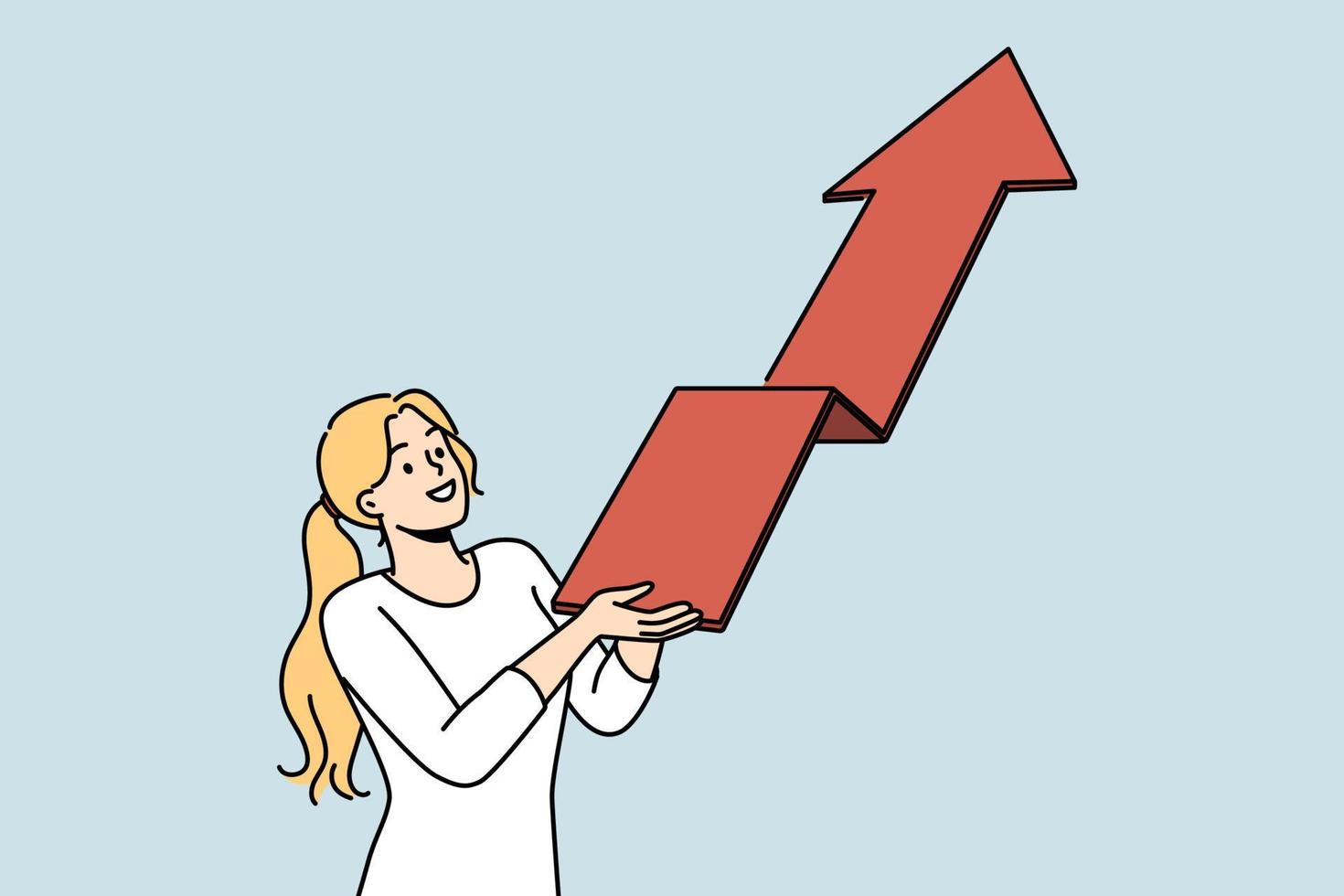 Smiling businesswoman holding arrow facing up. Happy female employee or worker demonstrate progress and success. Vector illustration.