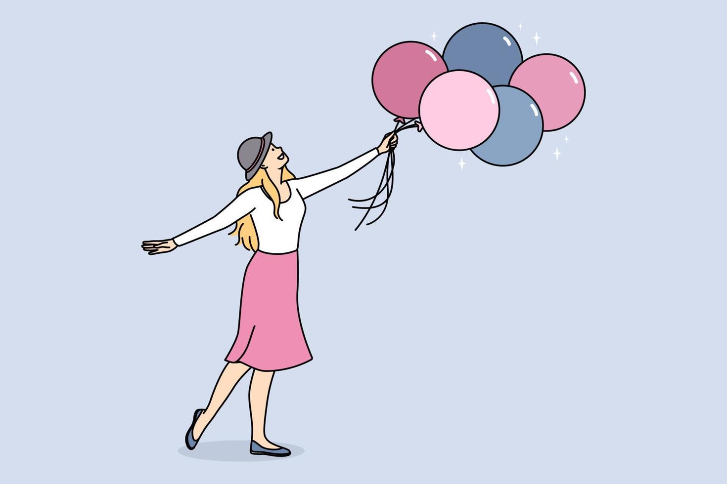 Smiling young woman holding bunch of balloons. Happy girl throw balloon in air. Freedom celebration. Vector illustration.