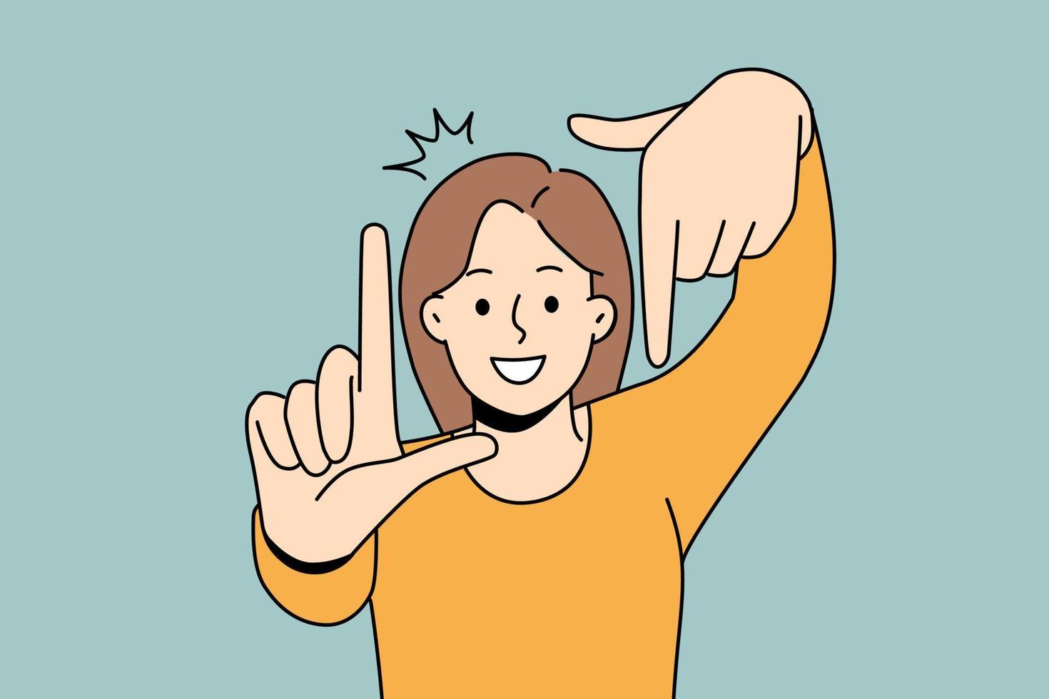 Smiling young woman make camera gesture with hands. Happy girl show taking snap sign. Photography and picture. Vector illustration.