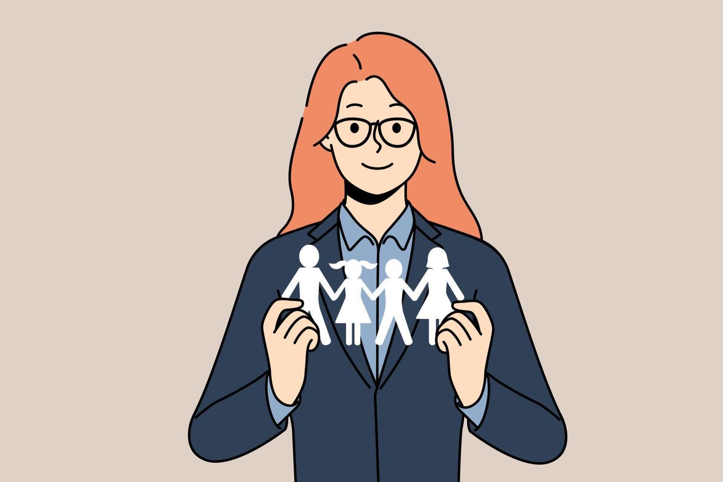 Smiling female social worker holding family paper model in hands. Happy woman help with problems for parents and children. Aid and assistance. Vector illustration.