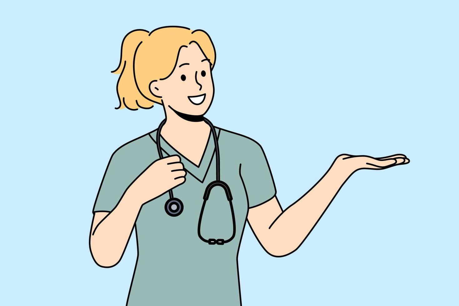 Smiling woman nurse in medical uniform show good deal or offer. Happy female doctor or GP recommend sale or promotion. Medicine and healthcare. Vector illustration.