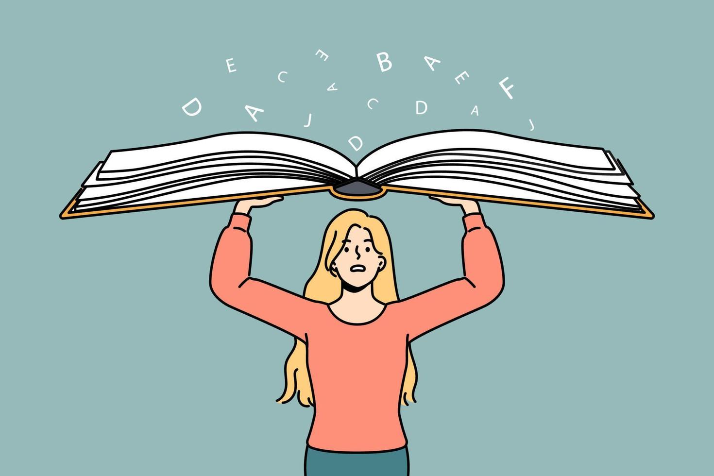 Worried young woman holding huge book in hands. Anxious female overwhelmed with textbook information and data. Education and learning problem. Vector illustration.