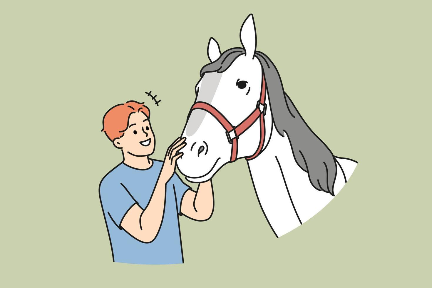 Smiling young man caress white horse at farm. Happy male farmer enjoy time with mare. Domestic animals and farming. Vector illustration.