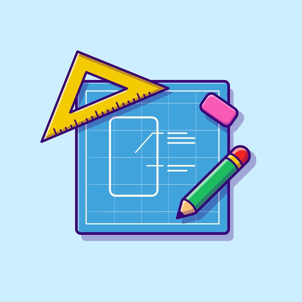 Sketch Paper With Pencil, Ruler And Eraser Cartoon Vector Icon  Illustration. Education Equipment Icon Concept Isolated Premium  Vector. Flat Cartoon Style