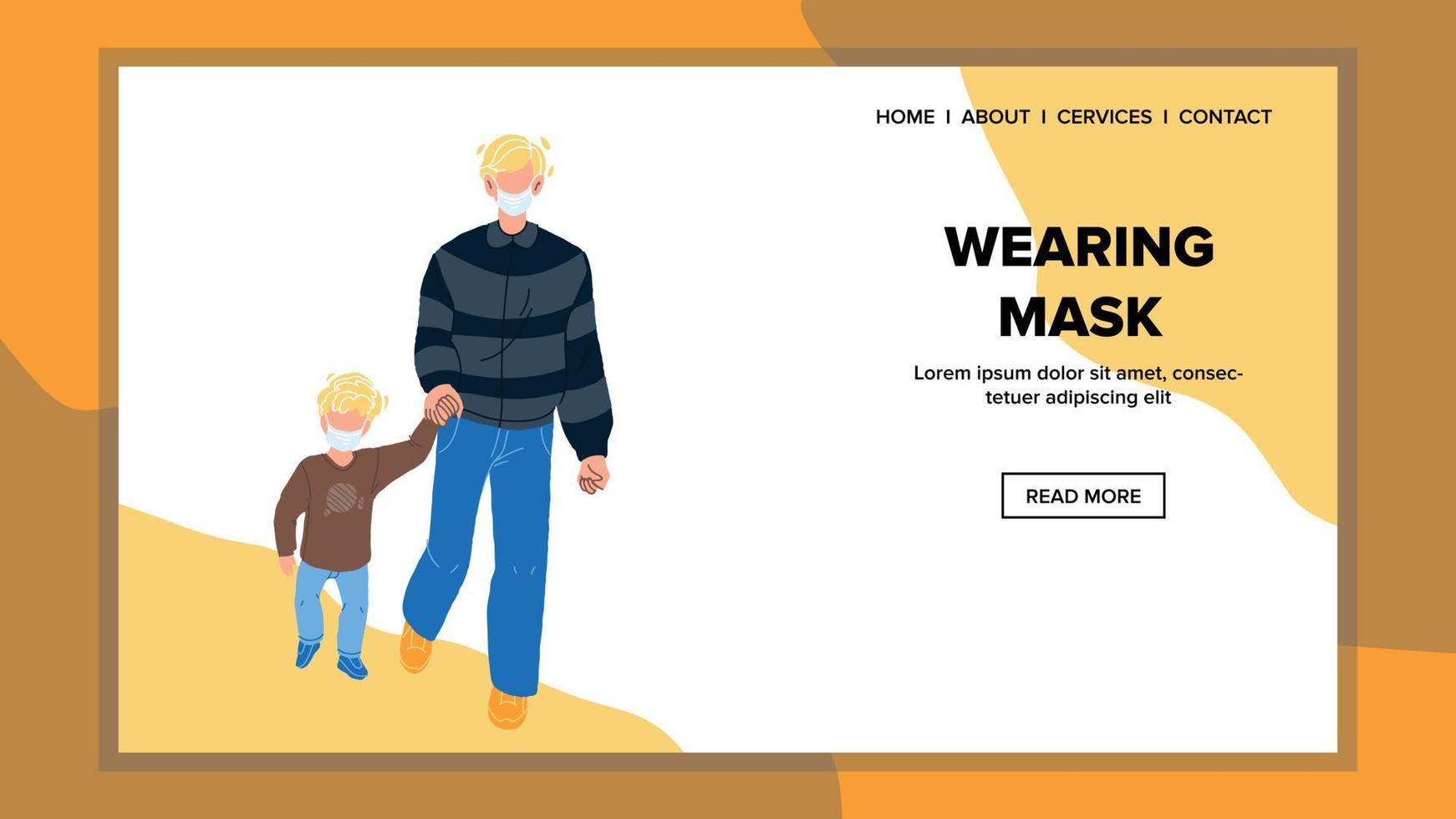 usando máscara hombre y niño caminando juntos vector
