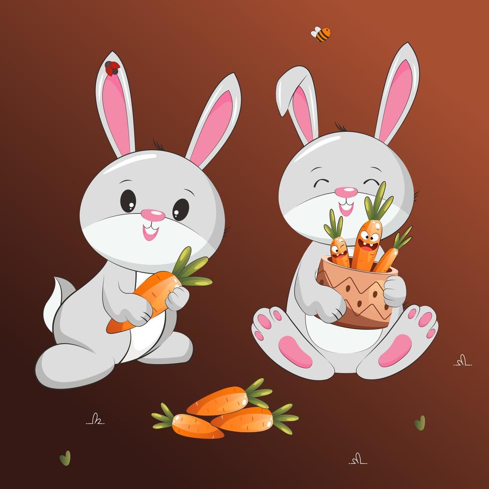 encantador conejito con zanahoria, lindo conejo ilustración vectorial de dibujos animados vector