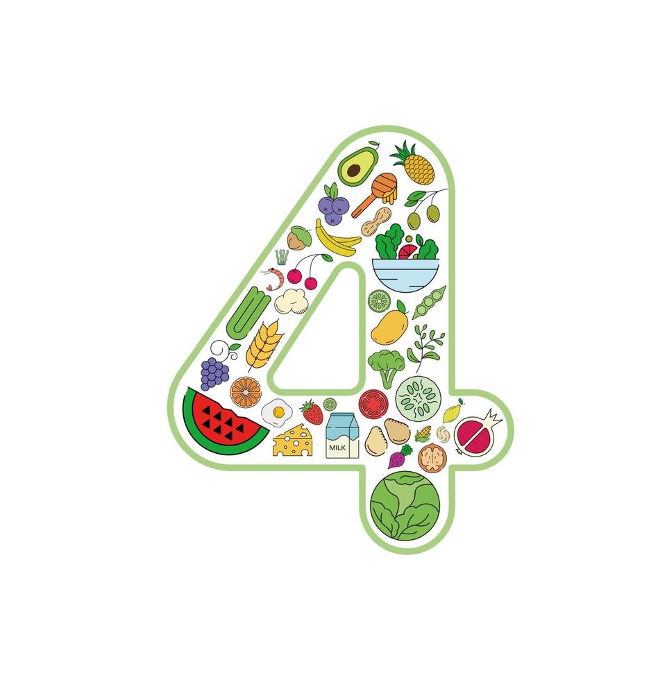 conjunto de iconos de collage de alimentos y bebidas del número 4. conjunto vectorial de alérgenos esenciales e iconos de línea de dieta. conjunto de iconos de alimentos editables. vector