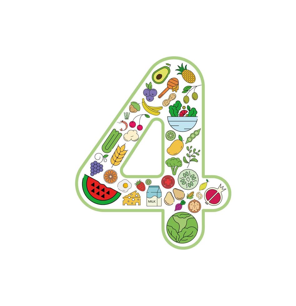 Food and drink collage icon set from number 4. Vector set of essential allergens and diet line icons. Editable food icon set.