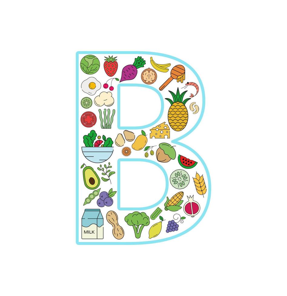conjunto de iconos de collage de comida y bebida de la letra b. conjunto vectorial de alérgenos esenciales e iconos de línea de dieta. conjunto de iconos de alimentos editables. vector