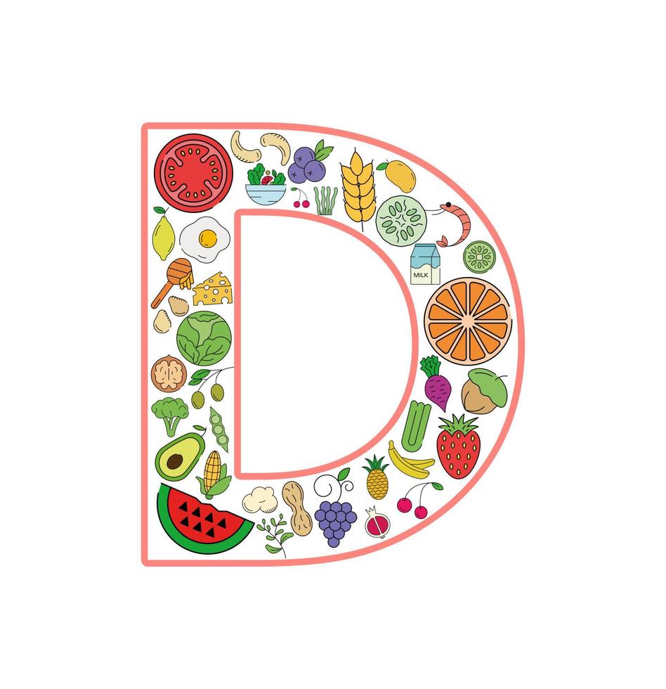 conjunto de iconos de collage de comida y bebida de la letra d. conjunto vectorial de alérgenos esenciales e iconos de línea de dieta. conjunto de iconos de alimentos editables. vector