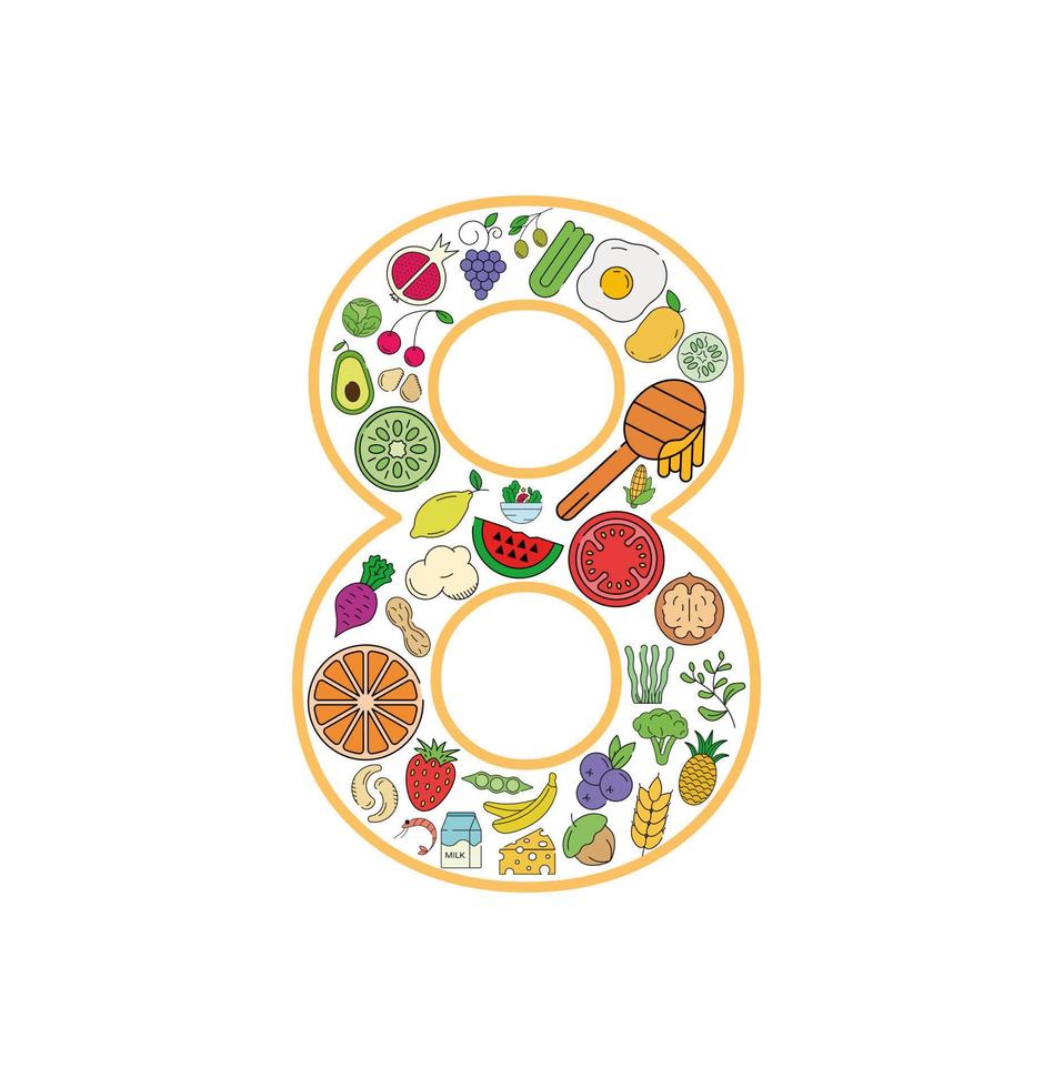 conjunto de iconos de collage de alimentos y bebidas del número 8. conjunto vectorial de alérgenos esenciales e iconos de línea de dieta. conjunto de iconos de alimentos editables. vector