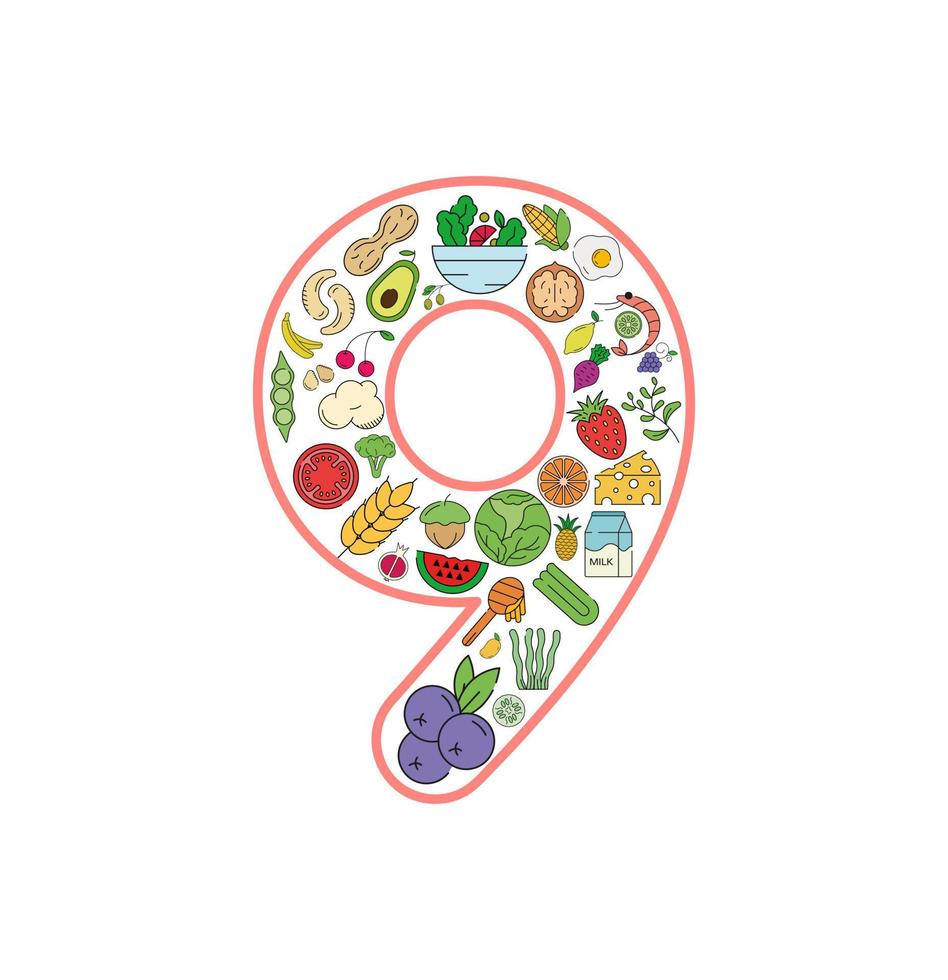 Food and drink collage icon set from number 9. Vector set of essential allergens and diet line icons. Editable food icon set.