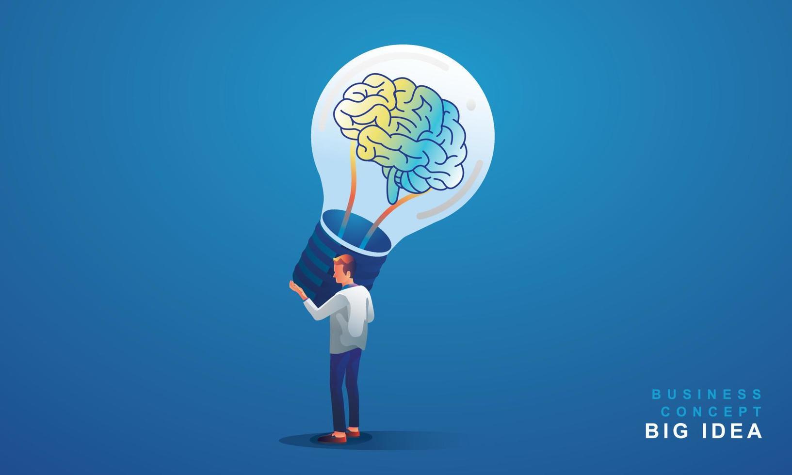 Man holding a light bulb with a brain symbolizing ideas presenting new creative ideas To be used for creativity product or service development, virtual reality vector illustration, flat design