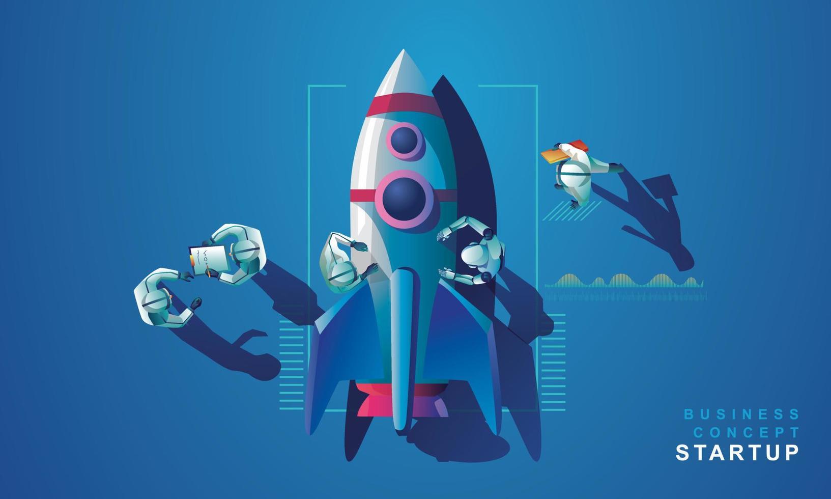 A rocket top view virtual reality Business people and a development team gathered to create a small business. Research analyst for startups for better performance, vector illustration. Flat design.