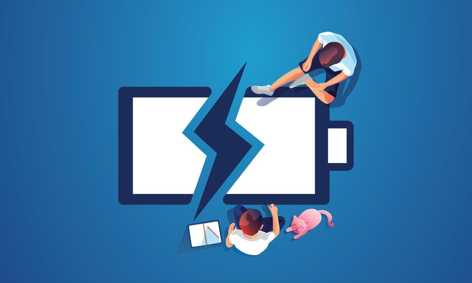 the people sitting to recharge virtual top view battery charging Friends assembling battery, vector illustration, flat design
