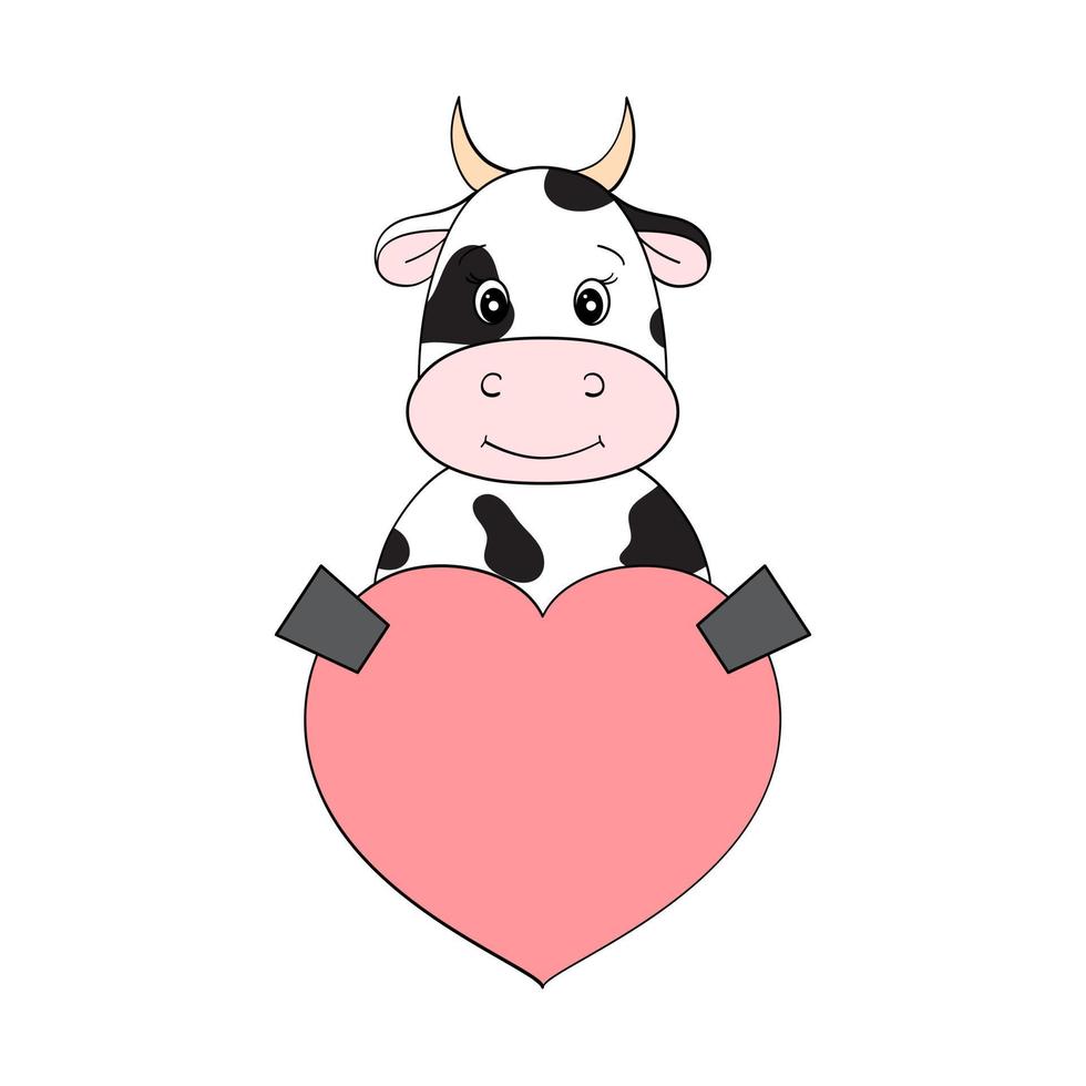 Cute cow with a heart. Valentine card in kawaii style. For the design