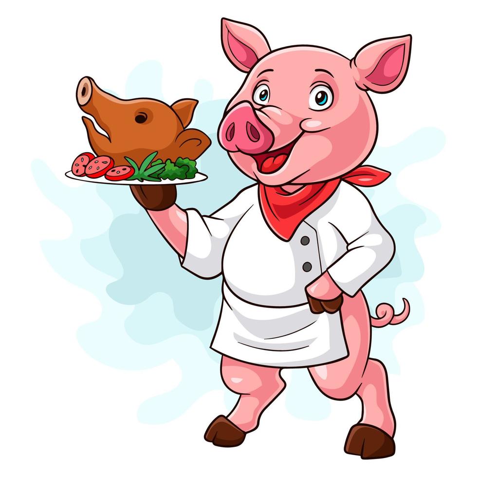 chef pig cartoon carrying roast pork vector