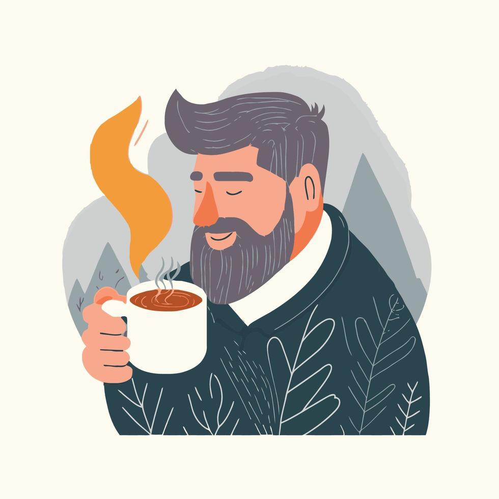 a man relaxing  sitting drinking hot flavored coffee or tea Hygge concept vector