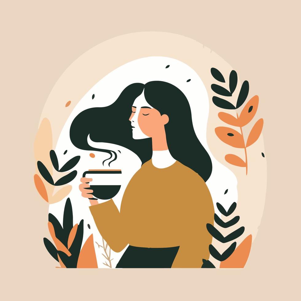 woman enjoy drink cup of coffee or tea Hygge concept vector flat illustration