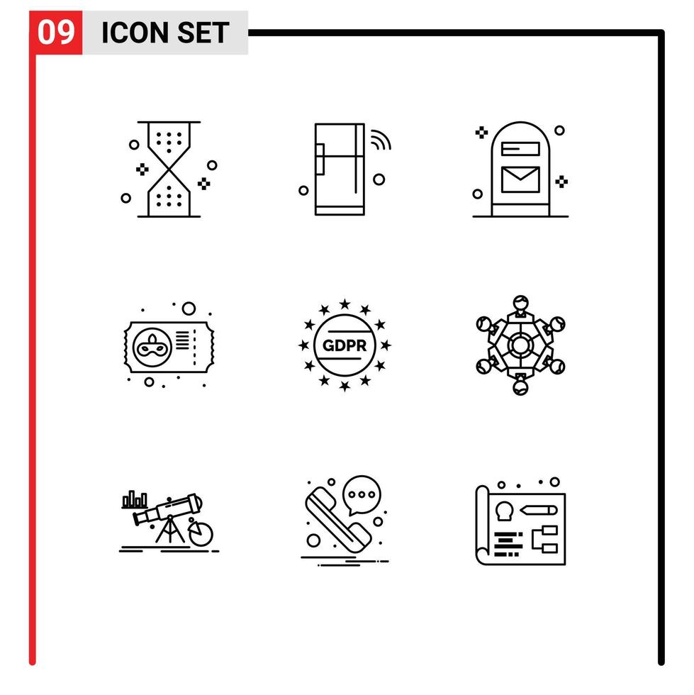 conjunto de esquema de interfaz móvil de 9 pictogramas de elementos de diseño de vector editables de oficina de carnaval de ticket mardi gras