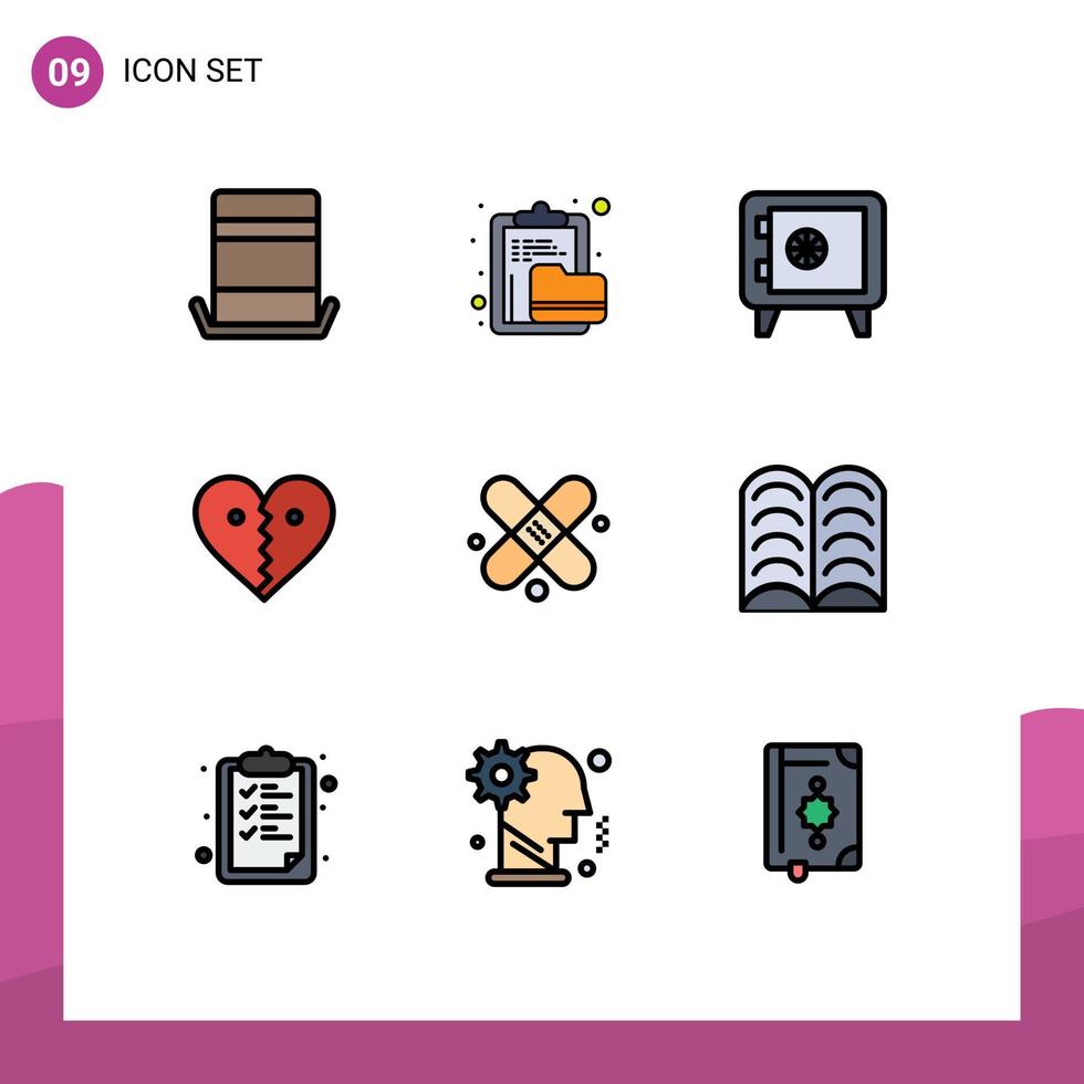 Modern Set of 9 Filledline Flat Colors and symbols such as bandage break folder like heart Editable Vector Design Elements
