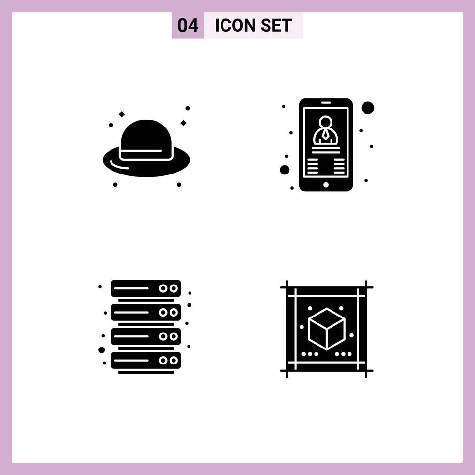 4 Thematic Vector Solid Glyphs and Editable Symbols of beach hosting straw hat user cube Editable Vector Design Elements