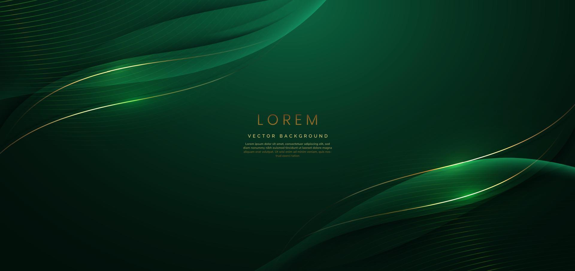 cinta verde curva de oro 3d abstracta sobre fondo verde oscuro con efecto de iluminación y brillo con espacio de copia para texto. estilo de diseño de lujo. vector