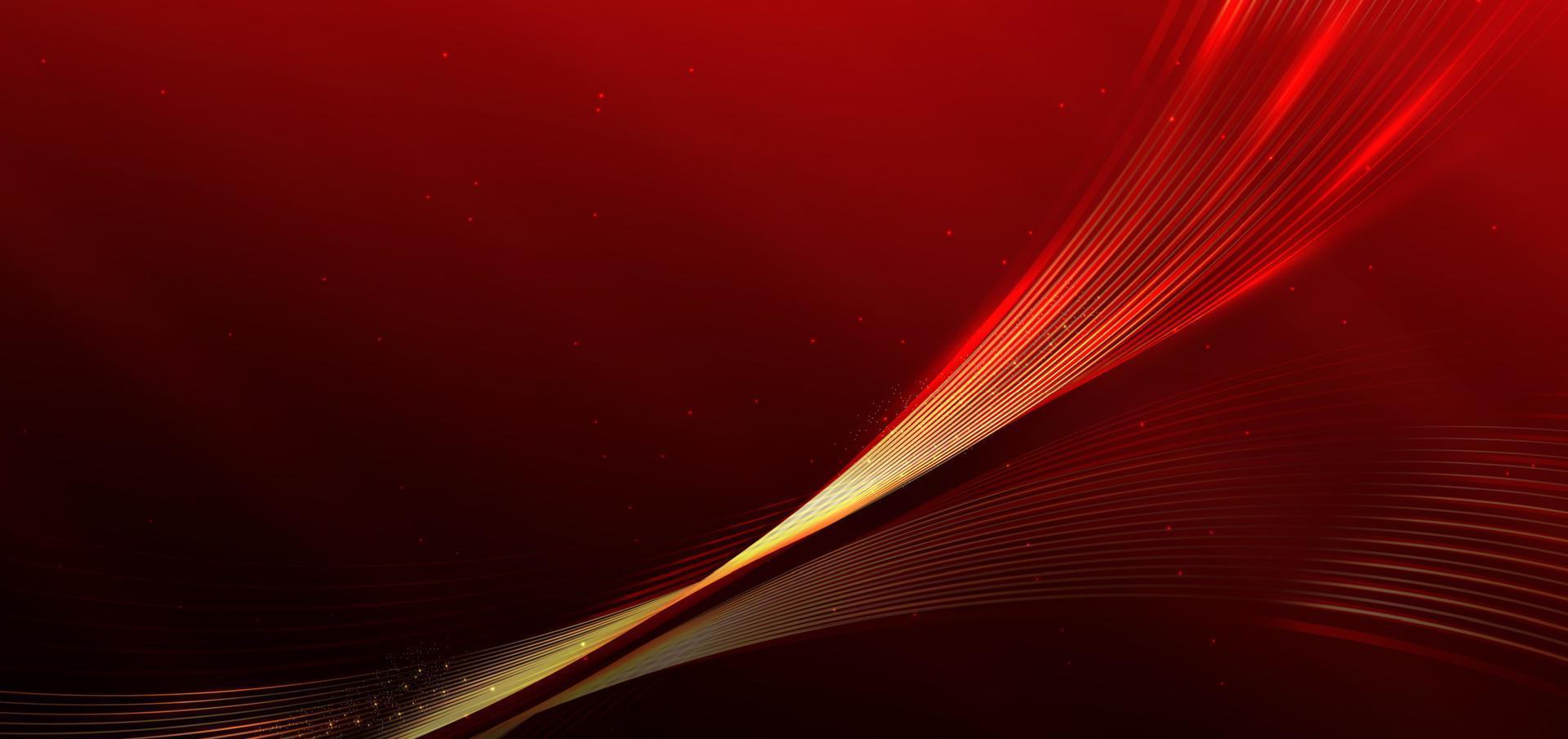 curva de lujo abstracta líneas doradas brillantes sobre fondo rojo oscuro con efecto de iluminación y diseño de premio premium sparkle.template. vector