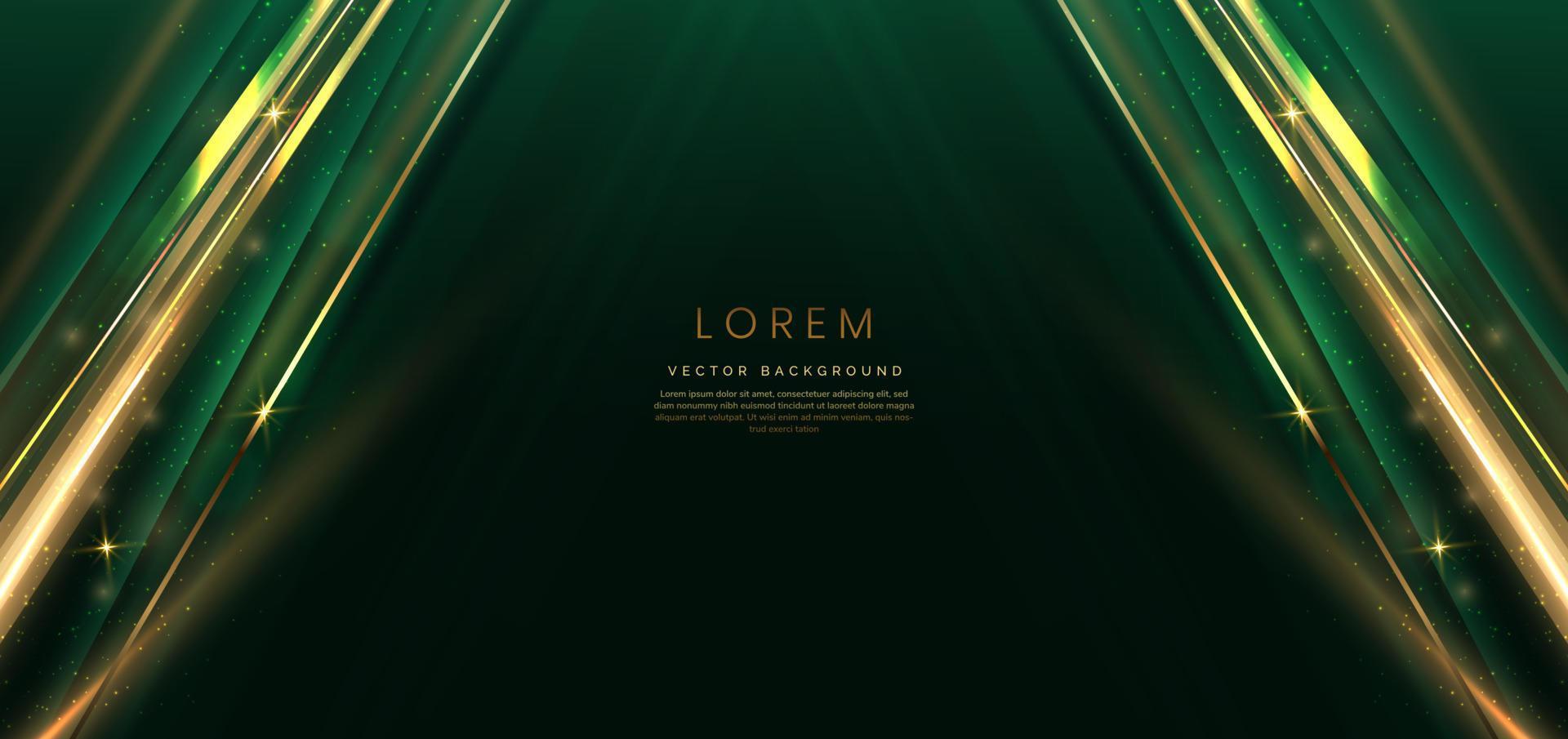 Abstract elegant dark green background with golden line and lighting effect sparkle. Luxury template design. vector