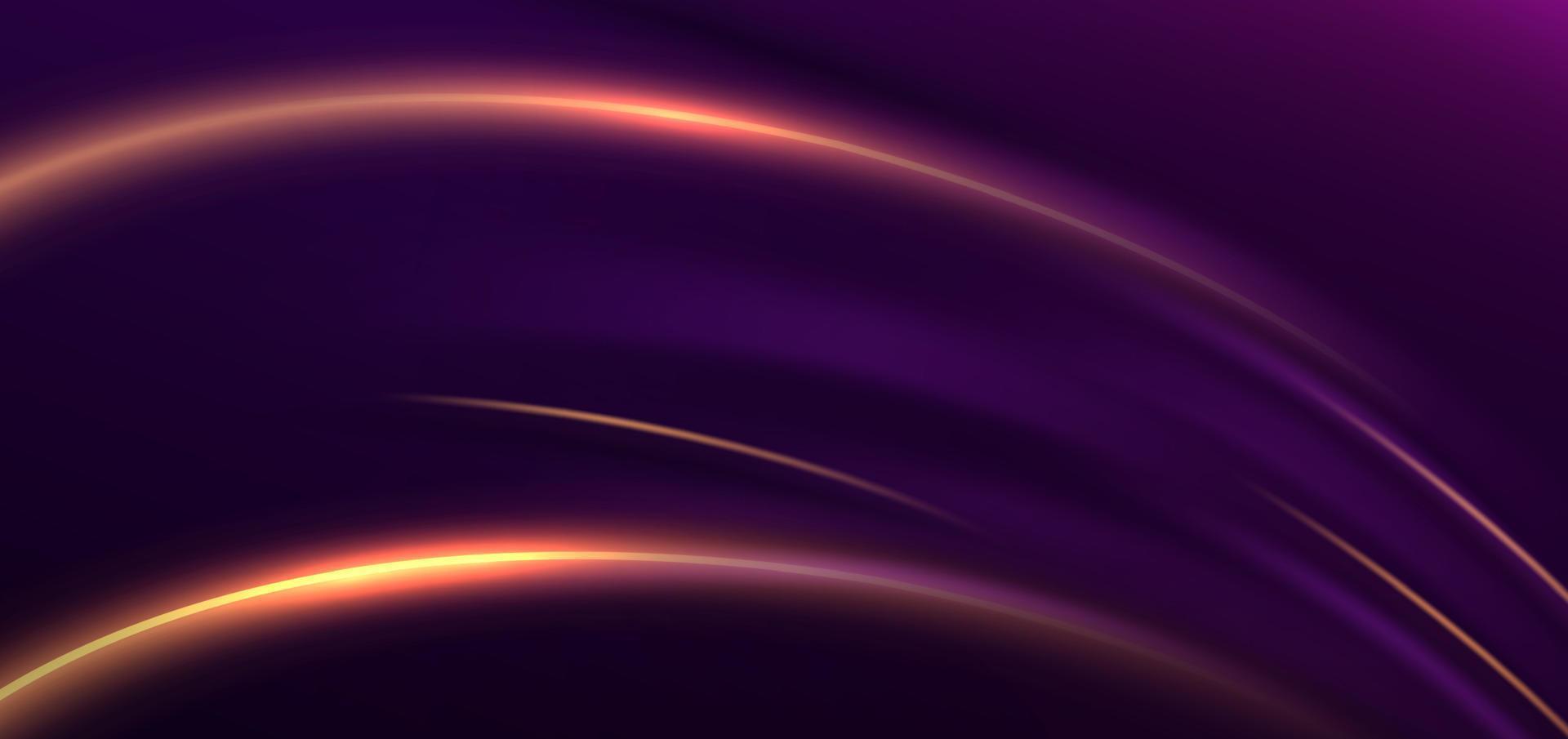Abstract glowing gold curved lines on dark purple background with lighting effect and sparkle with copy space for text. Luxury design style. vector