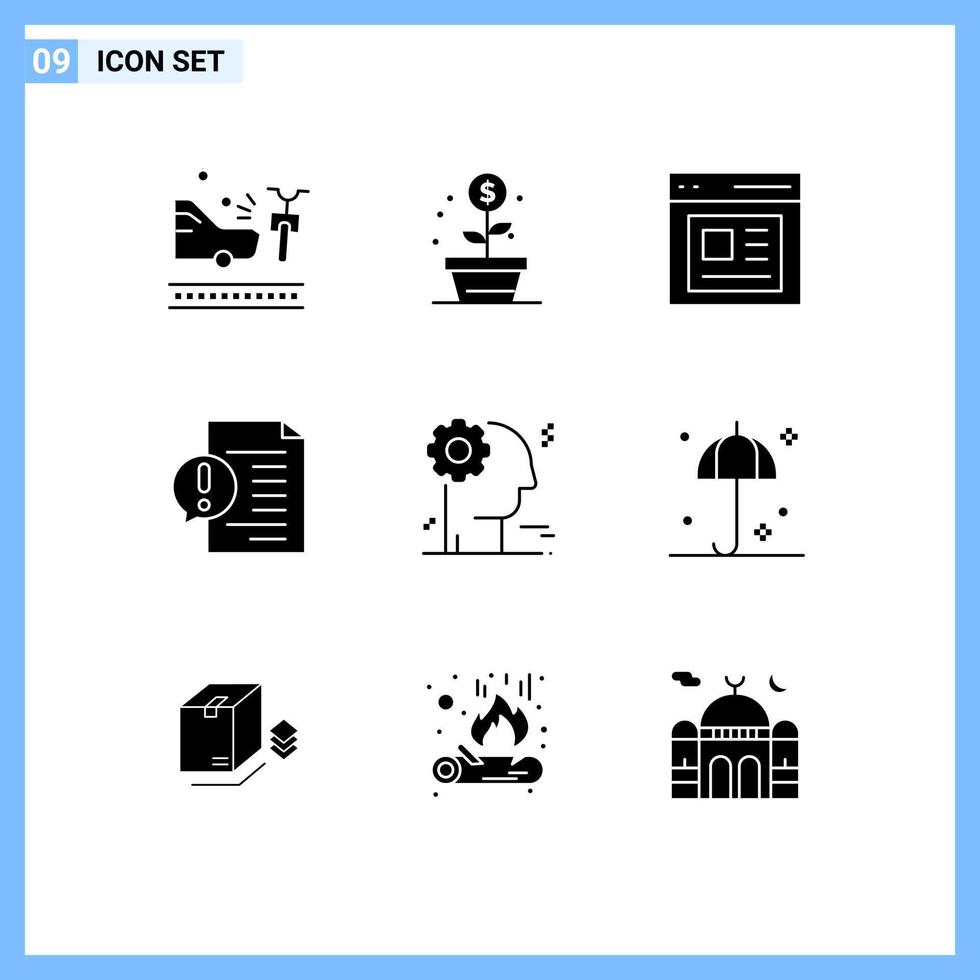 Set of 9 Vector Solid Glyphs on Grid for brain faq communication document communication Editable Vector Design Elements