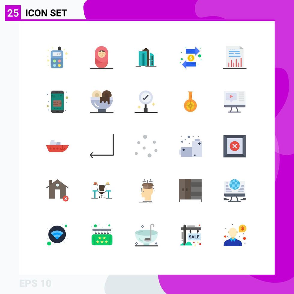 Universal Icon Symbols Group of 25 Modern Flat Colors of analytics finance buildings exchange coin Editable Vector Design Elements