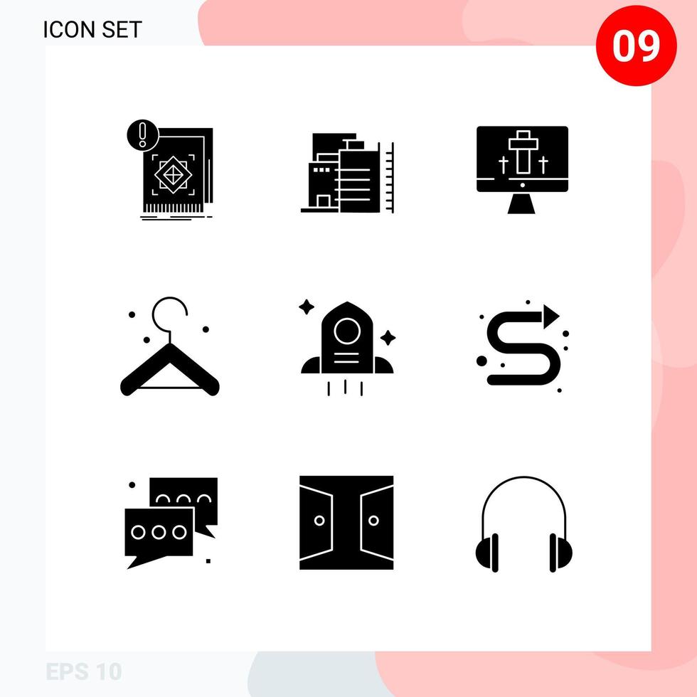 Mobile Interface Solid Glyph Set of 9 Pictograms of space astronomy industry hanger egg Editable Vector Design Elements