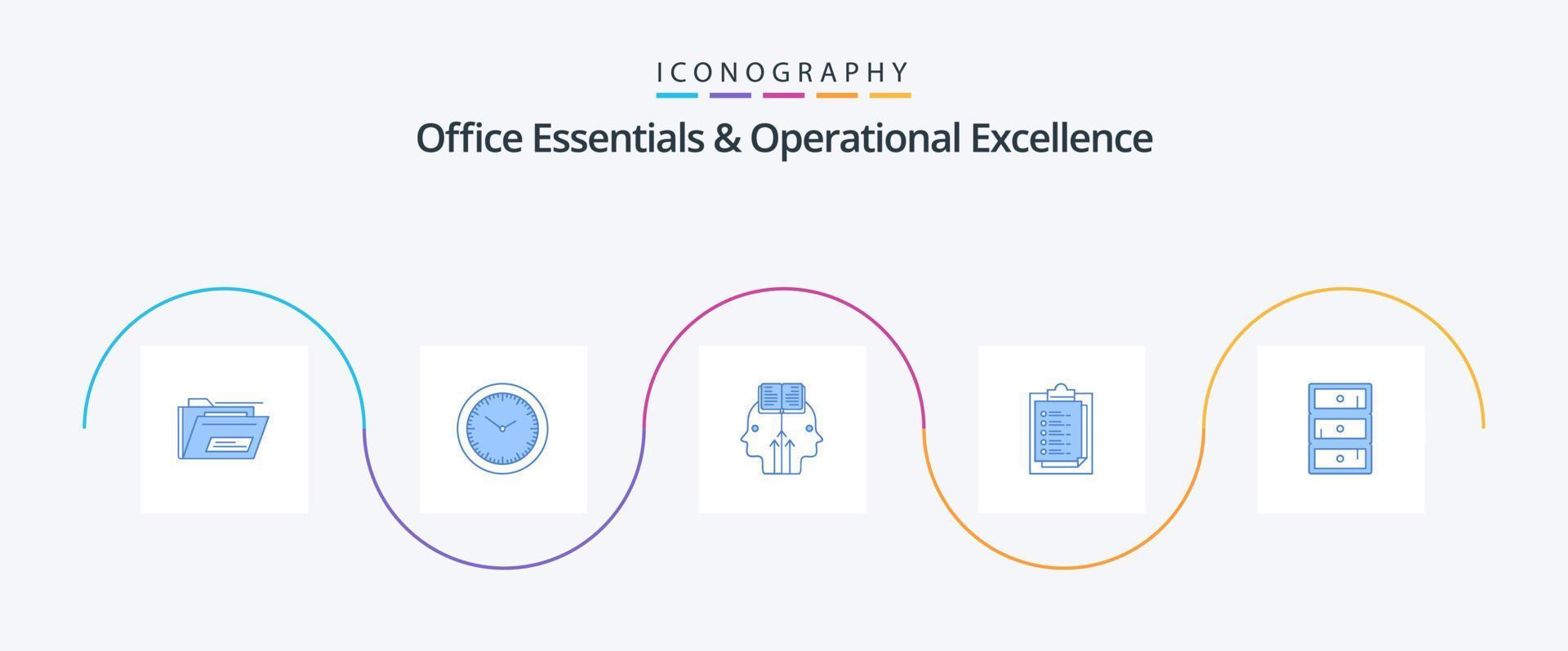 Office Essentials And Operational Exellence Blue 5 Icon Pack Including safe. result. timmer. report card. man vector