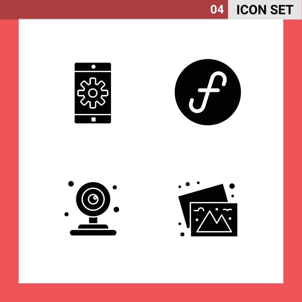 Group of 4 Solid Glyphs Signs and Symbols for application mosque setting bank camera Editable Vector Design Elements