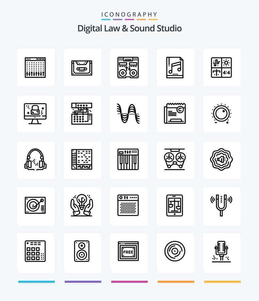 Creative Digital Law And Sound Studio 25 OutLine icon pack  Such As file. audio. compact. music. deck vector