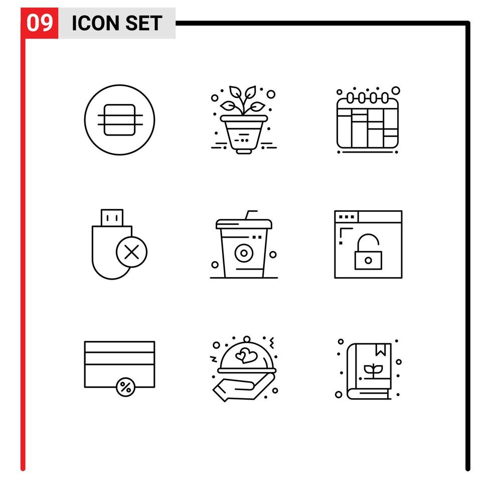 conjunto de 9 contornos vectoriales en cuadrícula para bebidas coque planificación palo hardware elementos de diseño vectorial editables vector