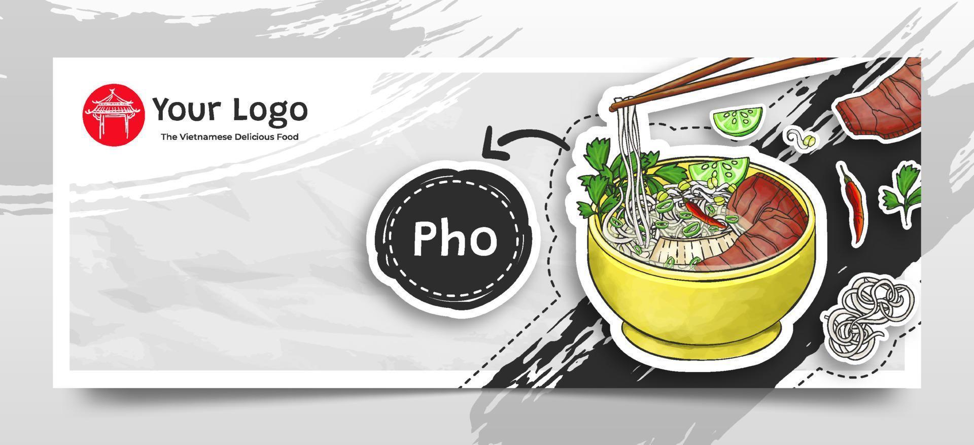 Doodle Hand Drawn Pho as The Vietnamese Food Social Media Header Background vector