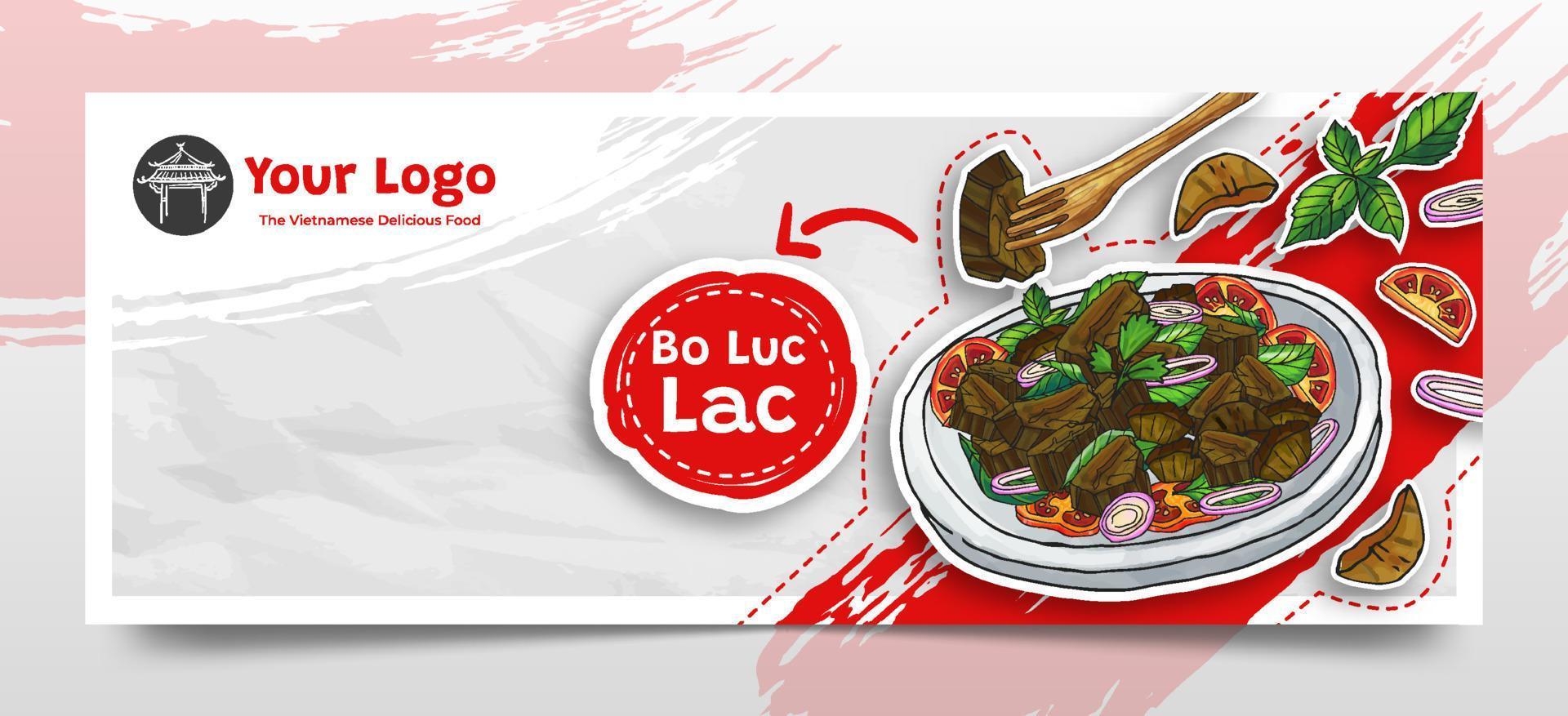 doodle dibujado a mano bo luc lac como el fondo del encabezado de las redes sociales de comida vietnamita vector