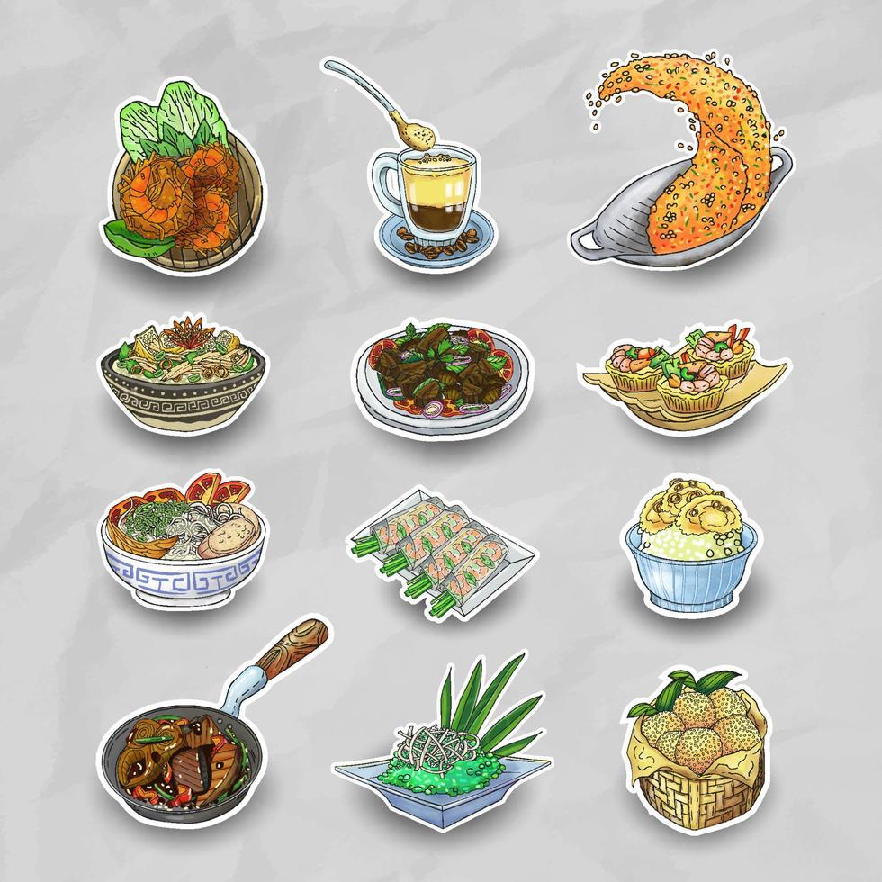 Doodle Hand Drawn Vietnamese Food Sticker Collection Pack vector