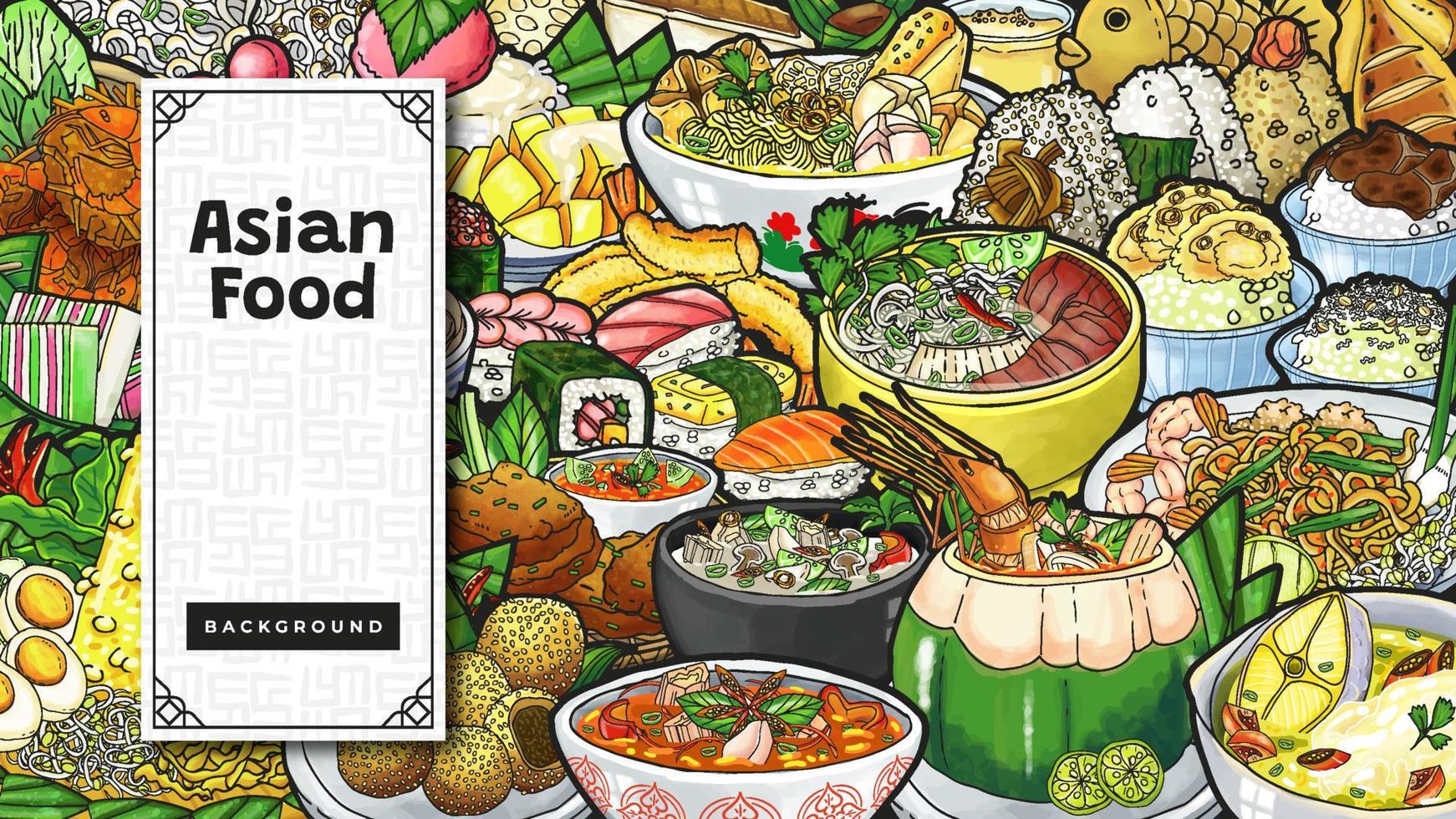 Colorful Doodle Hand Drawn Variety as Asian Food Background vector