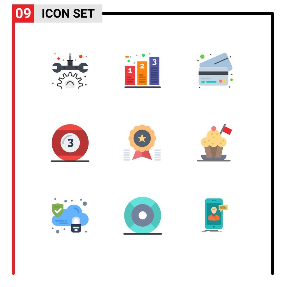 User Interface Pack of 9 Basic Flat Colors of award snooker bank play football Editable Vector Design Elements