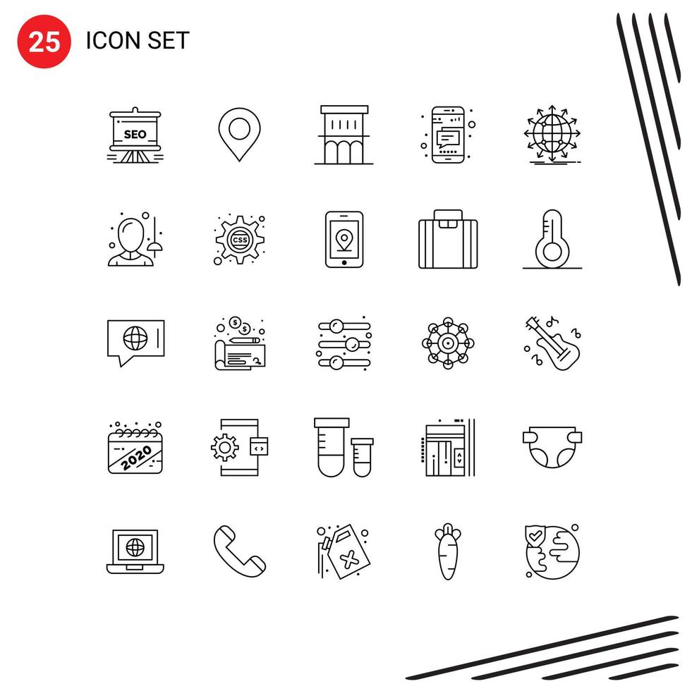 25 Thematic Vector Lines and Editable Symbols of globe phone architecture mobile residence Editable Vector Design Elements