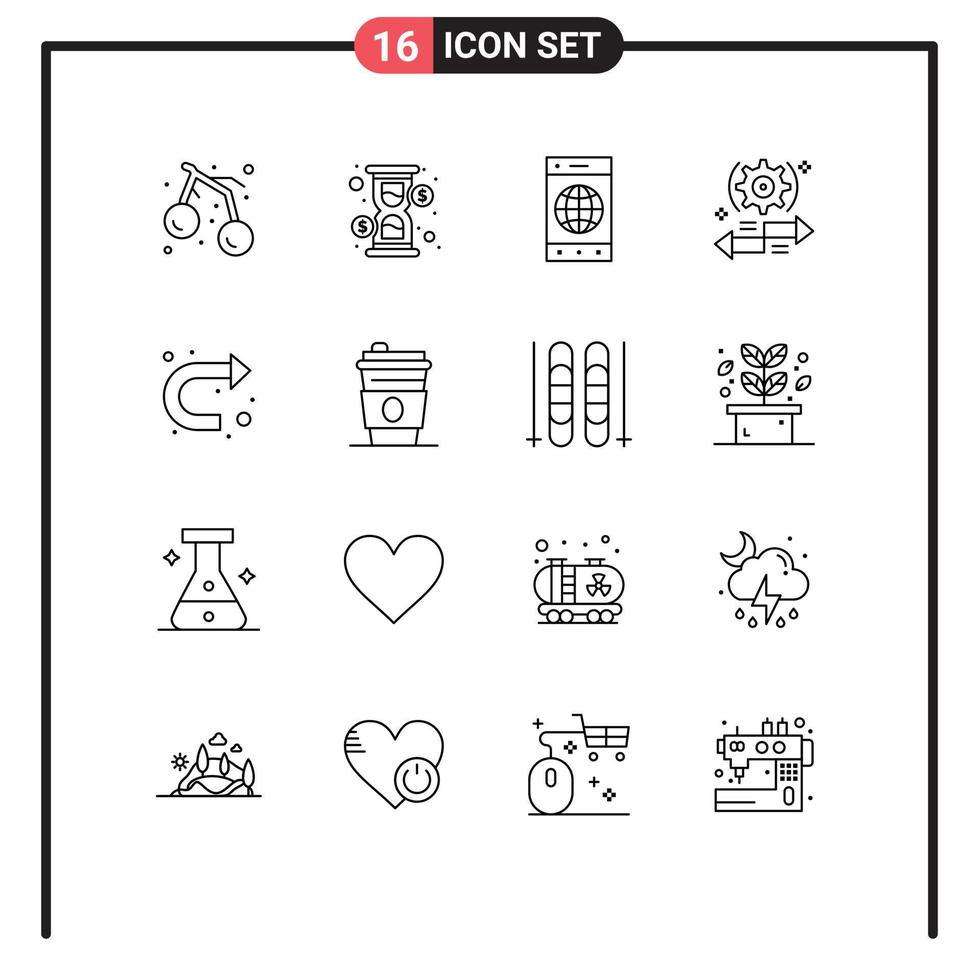 16 Universal Outline Signs Symbols of arrow left browser arrow setting Editable Vector Design Elements