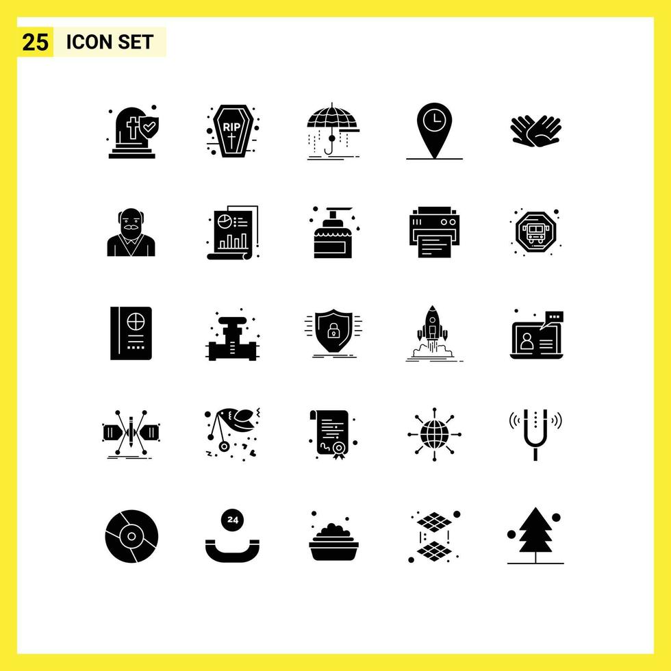 Modern Set of 25 Solid Glyphs and symbols such as hands time finance location protection Editable Vector Design Elements