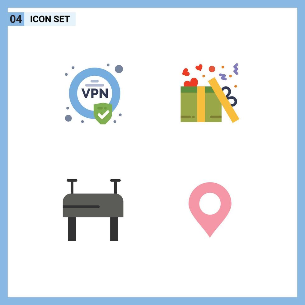 conjunto moderno de 4 iconos planos pictograma de ubicación de encriptación regalo elementos de diseño vectorial editables de pin de san valentín vector